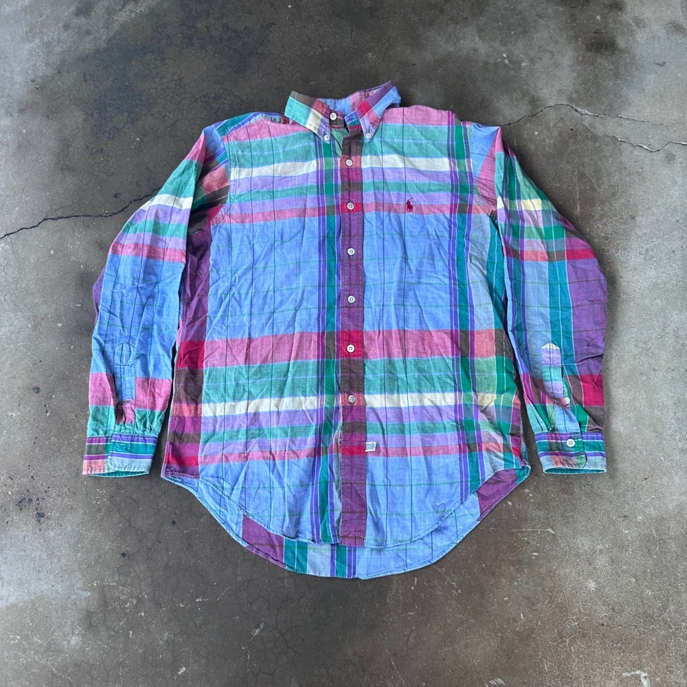 Ralph Lauren Button Down Mens L Multicolor Excellent Plaid Madras Long Sleeve